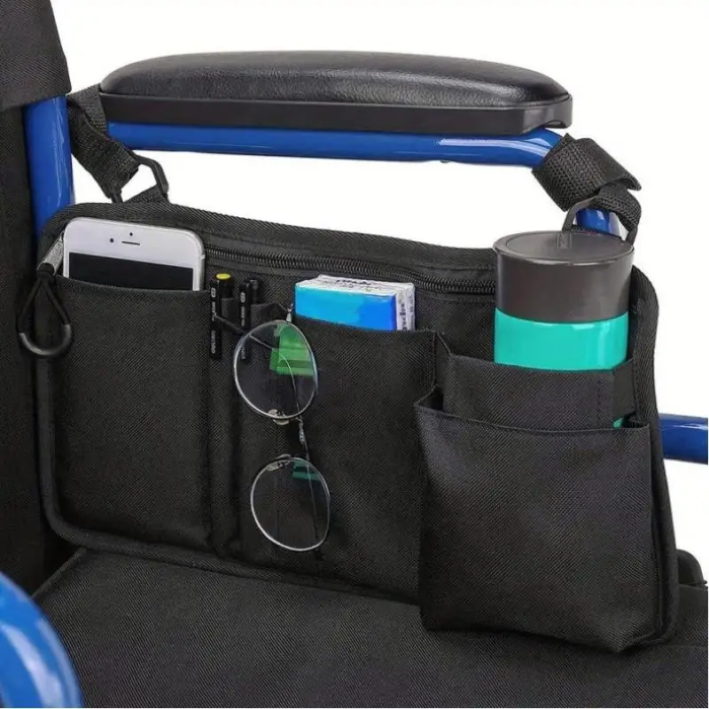 1Pcs Wheelchair Side Storage Bag with Cup Holder Scratch Resistant Pouch for Senior Home Outdoor Travel Use