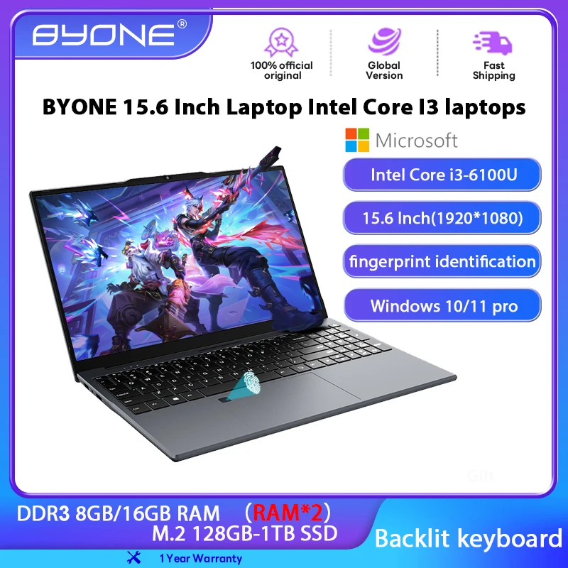 BYONE 15.6 Inch Laptop Intel Core I3 Gaming laptops 8GB 16GB RAM SSD 128GB 256GB 512GB 1TB BT4.2 WiFi5 DDR4 Business Computer
