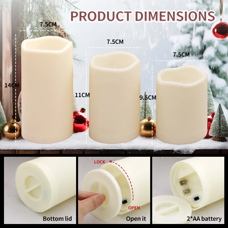 Waterproof 3 PCS Flameless LED Candle Light Creative Wishing Decorative Column Candle Fake Plastic Battery Powered Home Wedding