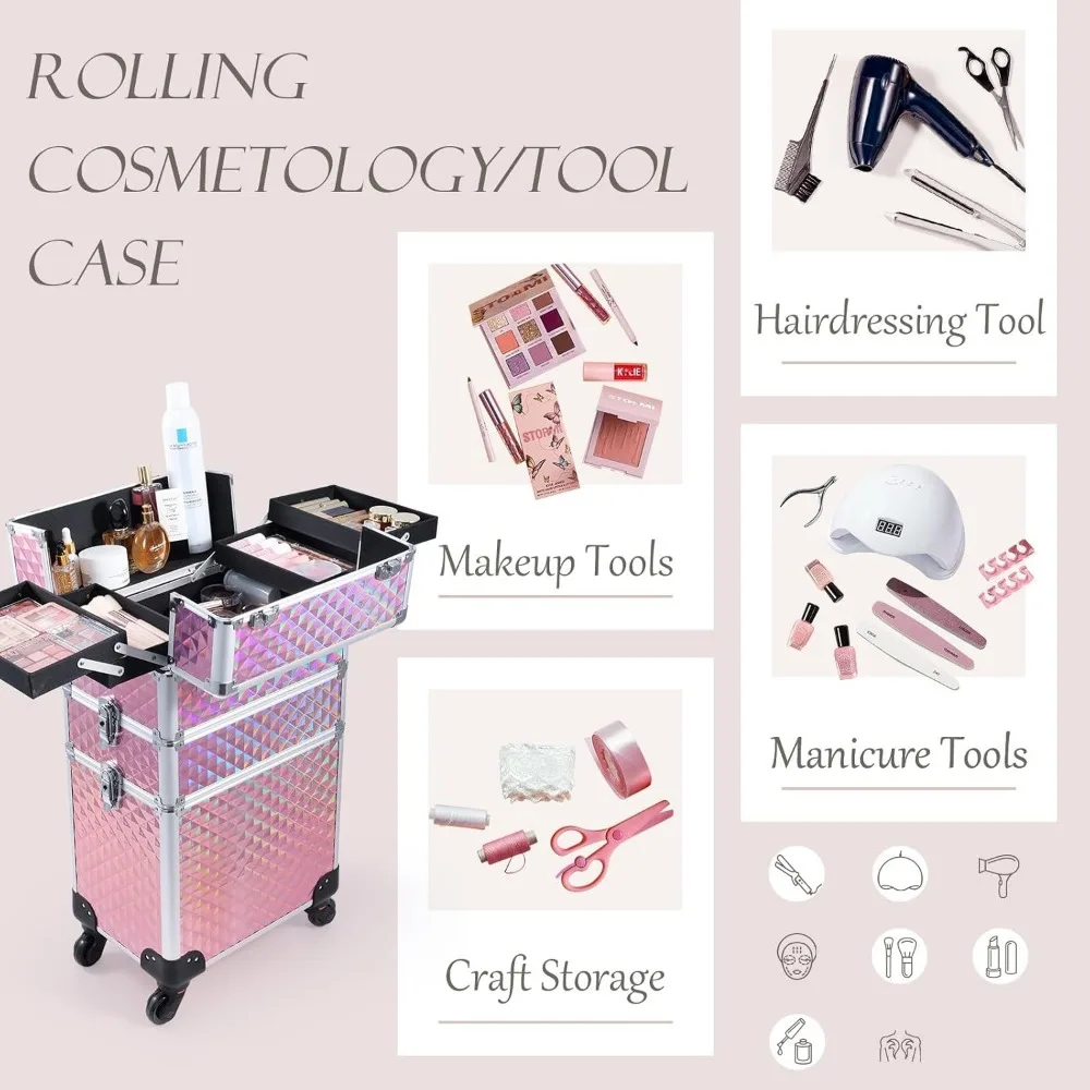 3-in-1 rollender Make-up-Koffer mit 360° °   Räder, Schloss und Rautenmuster – Rosa für Profis