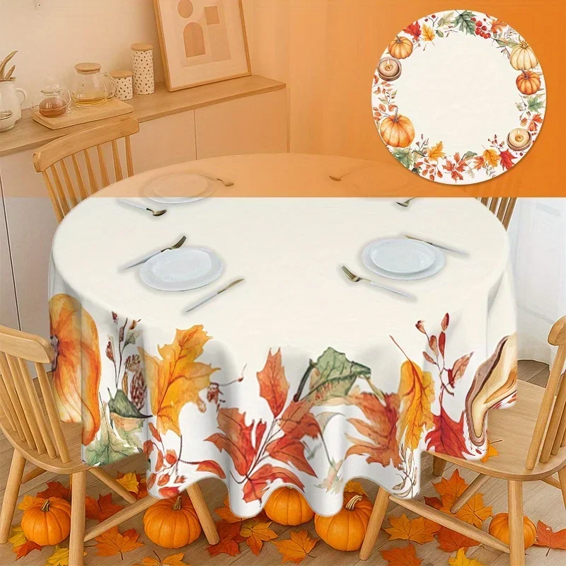 1 Pumpkin Candle Berry Autumn Round Tablecloth, suitable for Thanksgiving harvest-themed parties. yzb