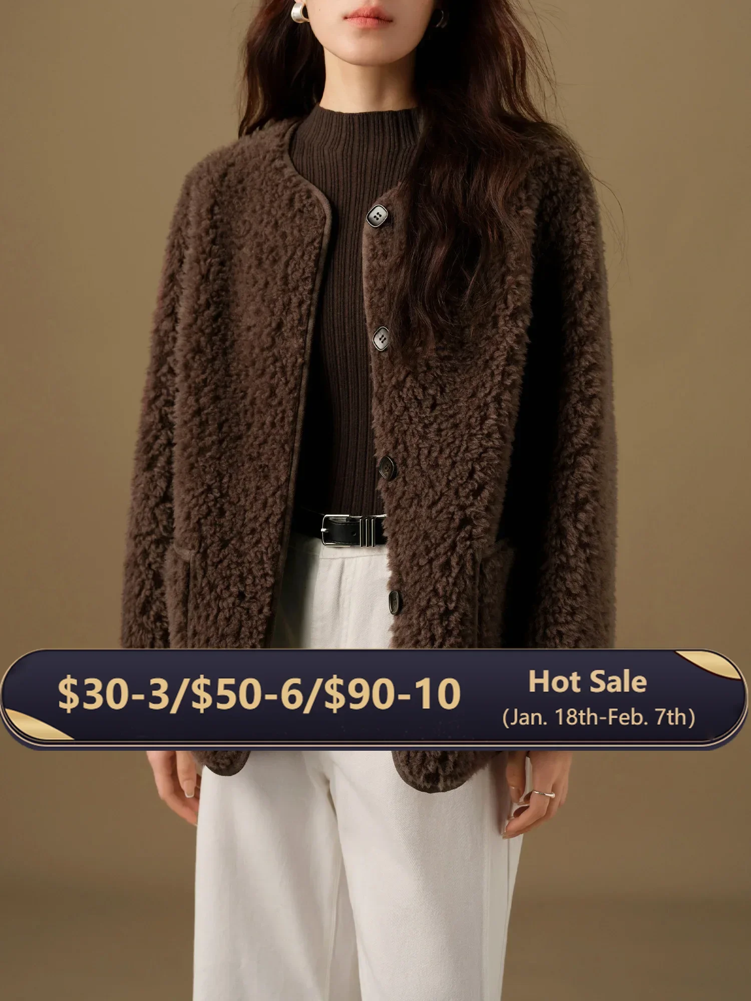 

DUSHU 100% Wool Women Jackets Dark Brown Loose Round Neck Casual Winter Coats Suede Lining Female Wool Coats 24DS84187