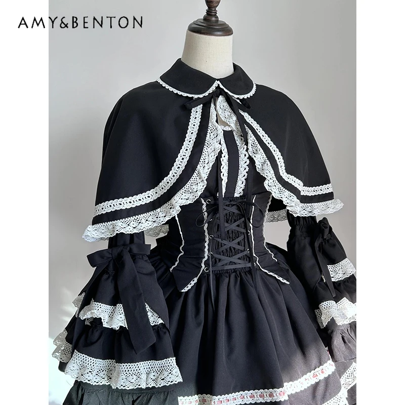 Gothic Black Lolita Cape Outfits Japanese Style Punk Subculture Doll Collar Cape Slim Multi-layer Tutu Dress Two-piece Set Women