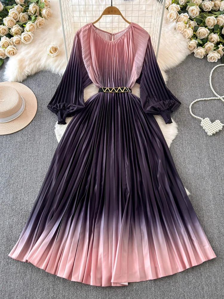 High Quality Long Sleeve Pleated Dress Spring Women O-neck Belt Gradient Vintage Dresses Elegant A-line Party Long Dress 2025