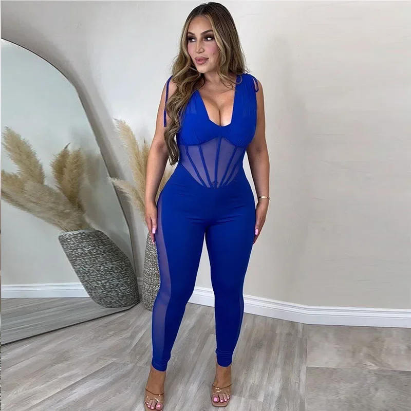 

Sexy Mesh Patchwork Bodycon Jumpsuits Woman See Through V-neck Skinny Sleeveless Rompers Womens Jumpsuit Night Club Outfits