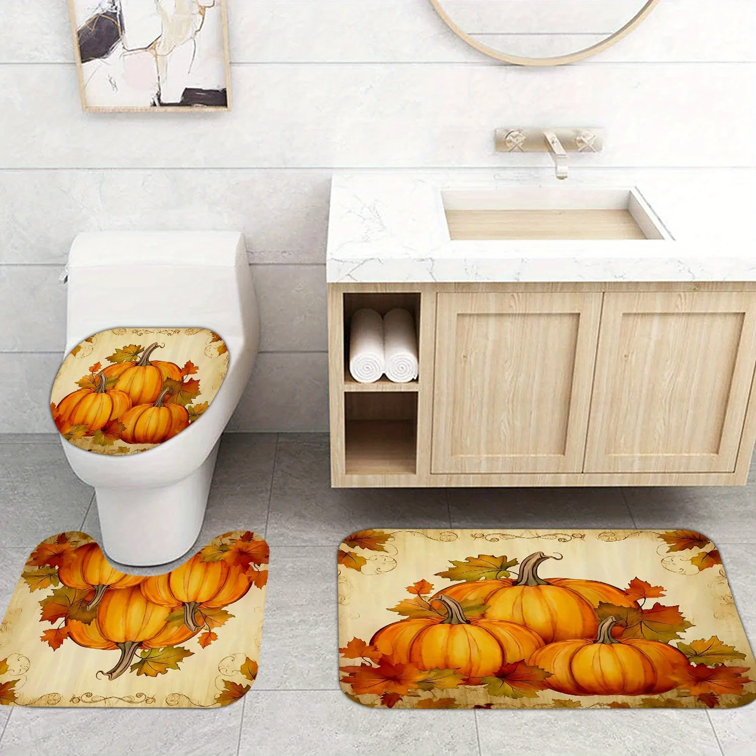 

3шт. ​ ​ Набор винтажных осенних ковриков для ванной с тыквой — нескользящий осенний коврик и чехол для декора на День Благодарения и уютных урожайных вибраций ​