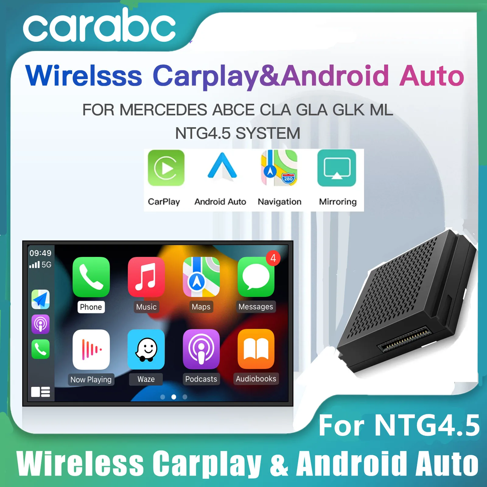 

CARABC Беспроводной CarPlay для Mercedes Benz с функциями Android Auto, Mirror Link, AirPlay для моделей A, B, C, E, CLA, GLA, GLK, ML, NTG4.5
