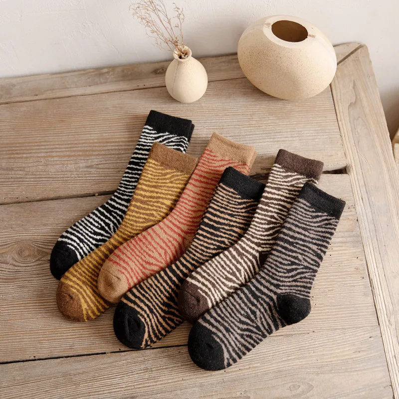 Women Warm​ Socks Zebra Print Thickened Women\'s Winter Medium Tube Plush Warm Socks Hight Quality Excellent Stripe Casual Socks