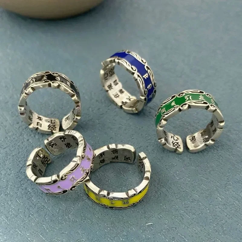 Colored enamel scroll grass pattern rings for women and mens Six-character mantra ethnic style Heart Sutra silver ring jewelry