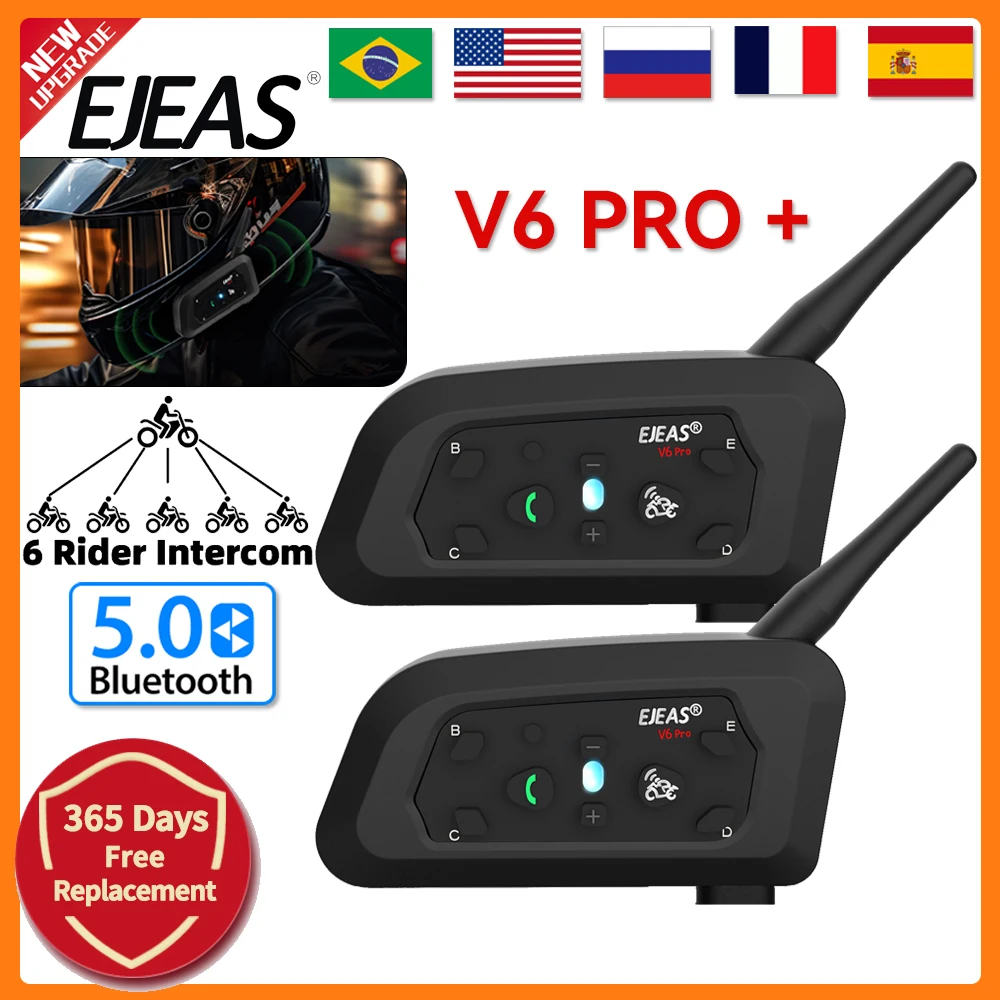EJEAS V6 PRO+ Bluetooth Motorcycle Helmet Intercom Headset 6 Riders 1200M BT Interphone Communicator Noise Reduction Waterproof