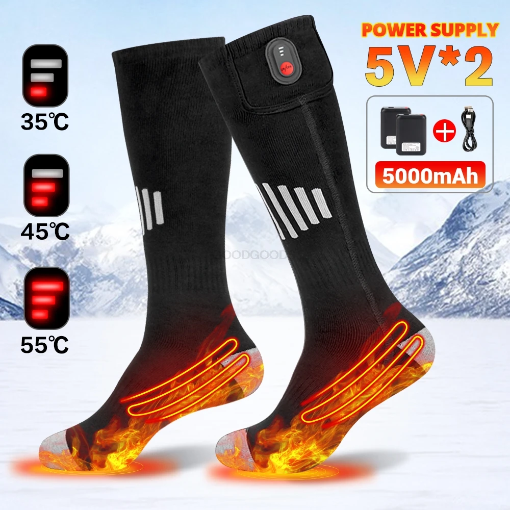 Calcetines térmicos recargables por USB para exteriores, botas calentadas para nieve y esquí, 5000mAh