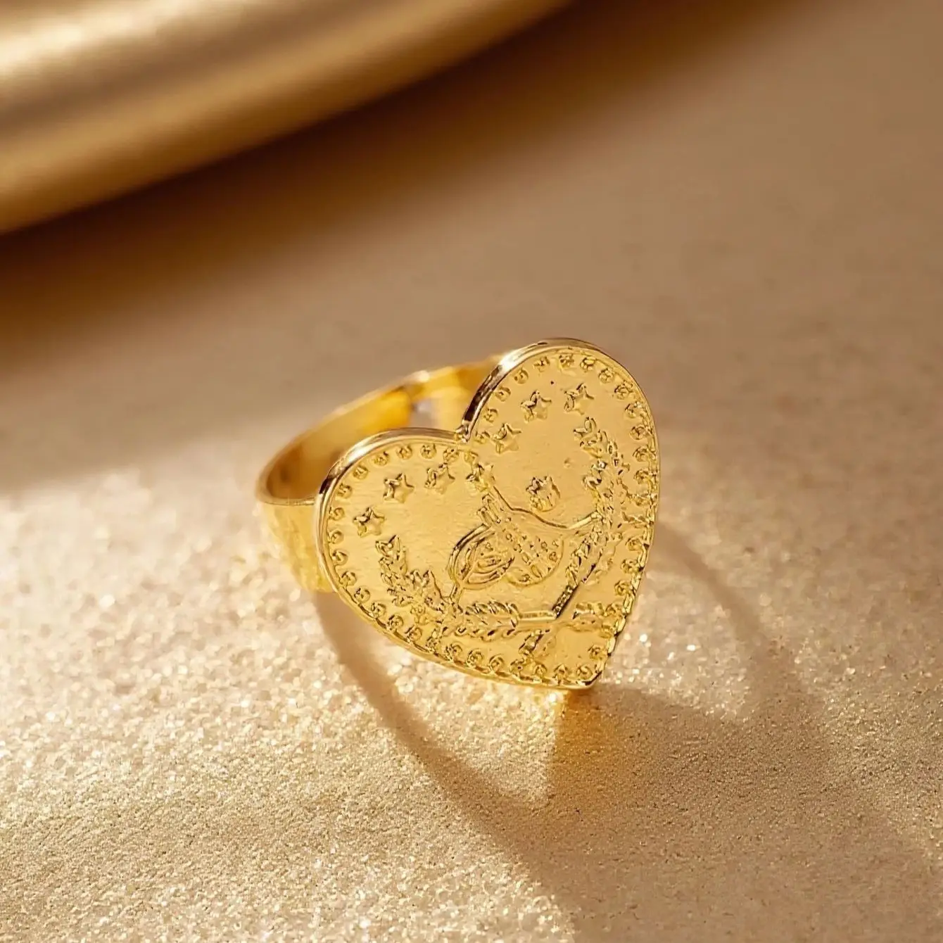 gold plated turkish kurdish heart shape jewelry rings for couple middle east totem coin finger rings