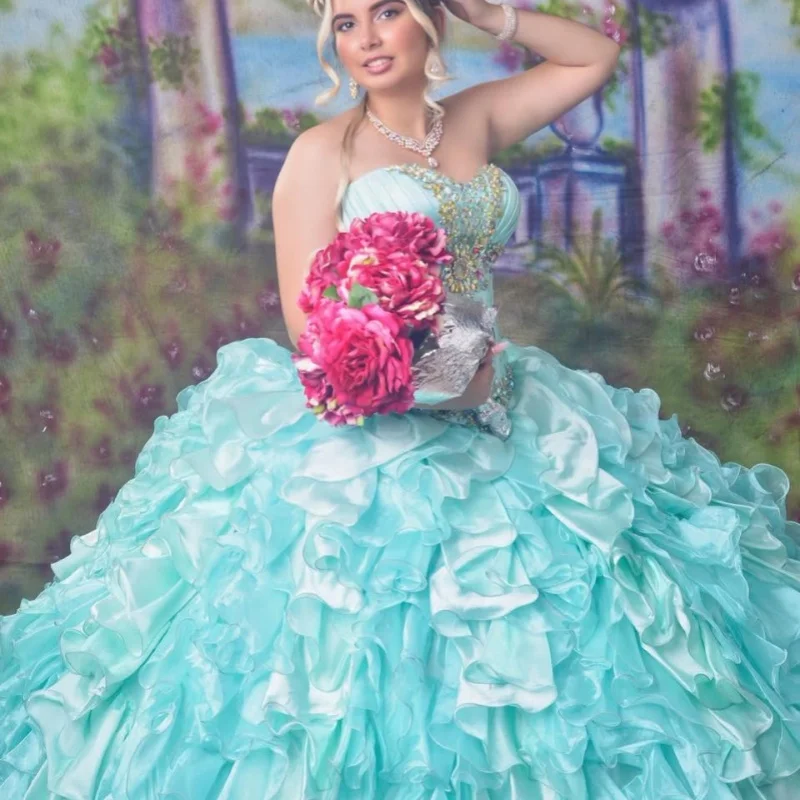 

Светло-зеленые атласные платья Quinceanera по индивидуальному заказу с открытыми плечами и кристаллами с длинным хвостом, многослойное платье 15, Quinceanera