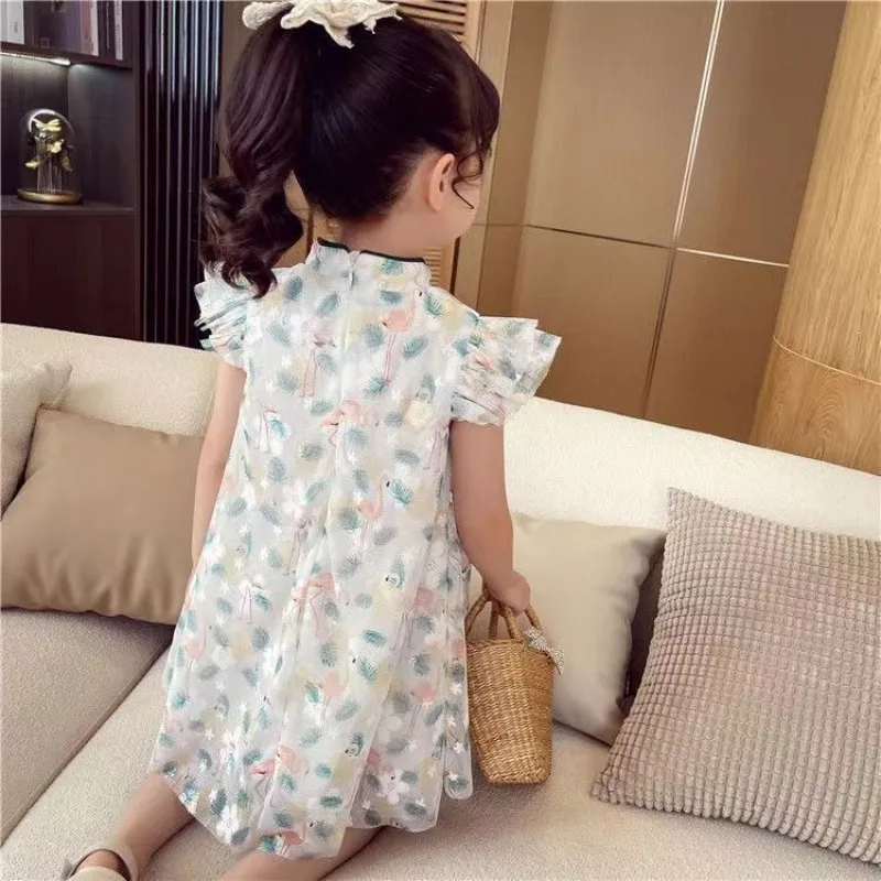 Kids Girls Dress Summer New Baby Qipao Fashionable Retro Tang Dress Children\'s Short Sleeve Flower Dress