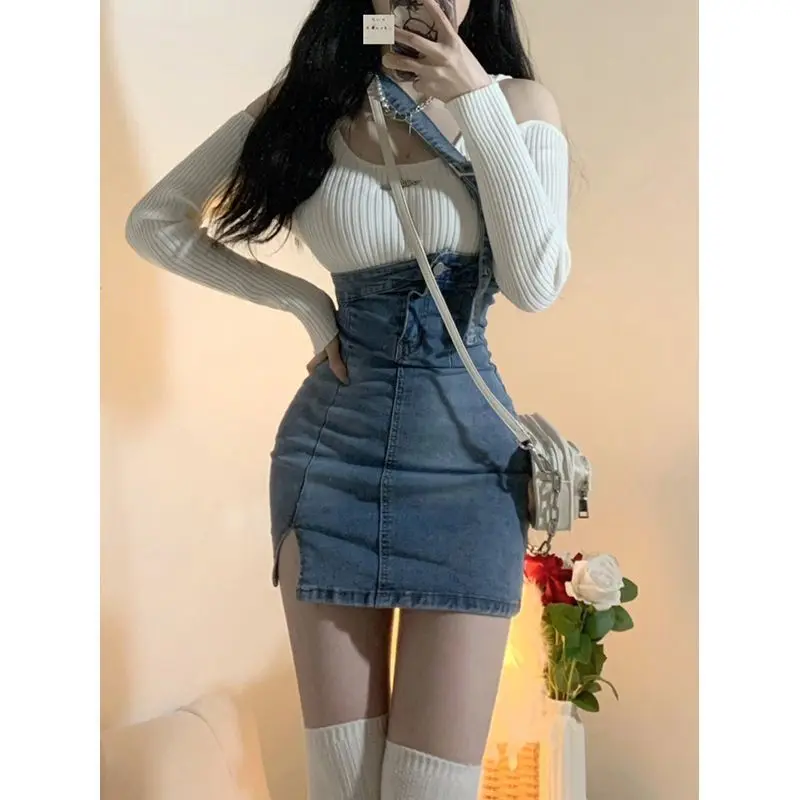 Casual Knitted 2 Piece Dress Suits Women Y2k Sweater + Fashion High Quality Jean Dress Set Korean Fashion Clothing Chic