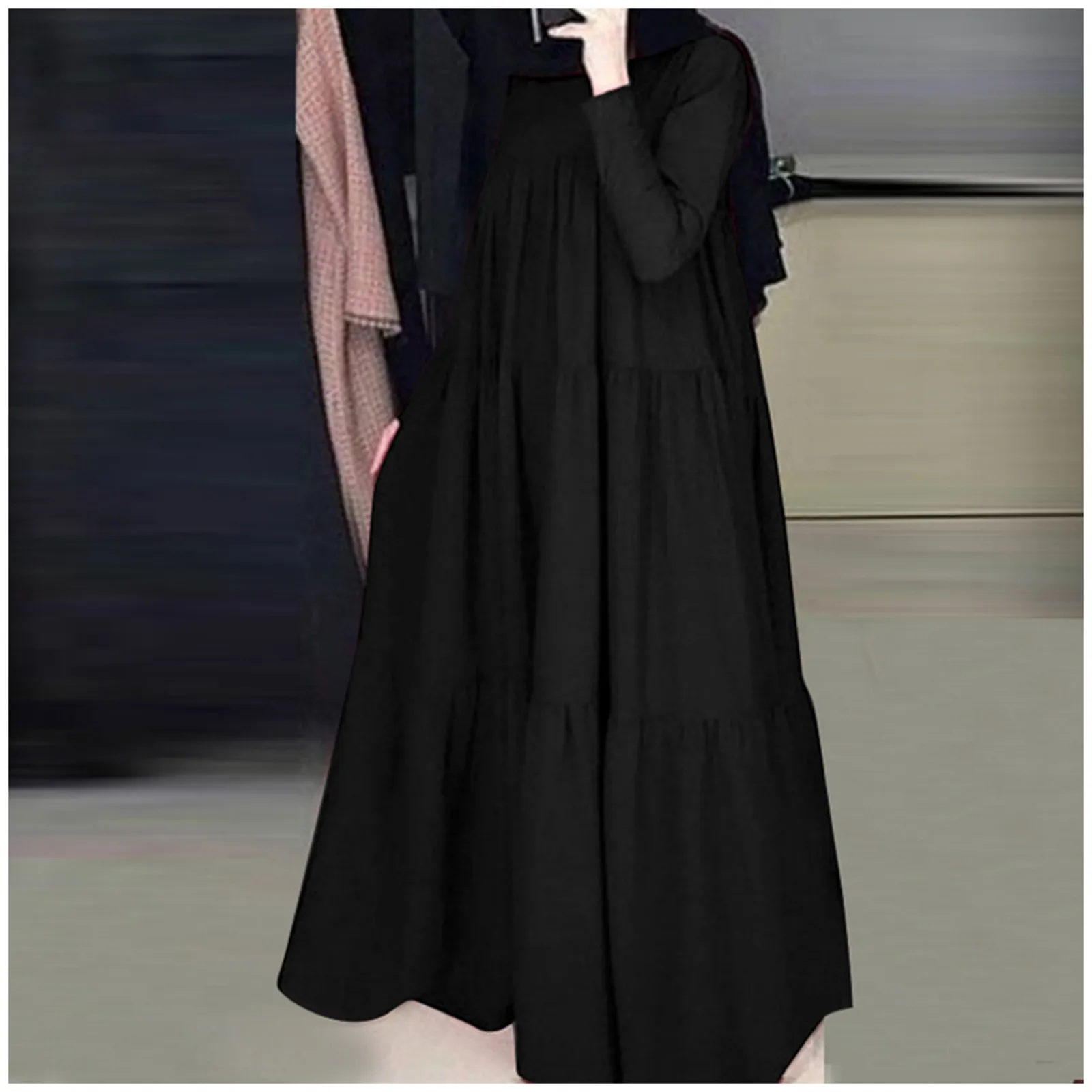 

Elegant Ruffled Dress Women Islam Ramadan Abaya Sundress Casual Solid Color Robes Long Sleeve Ladies Party Holiday Cake Dresses