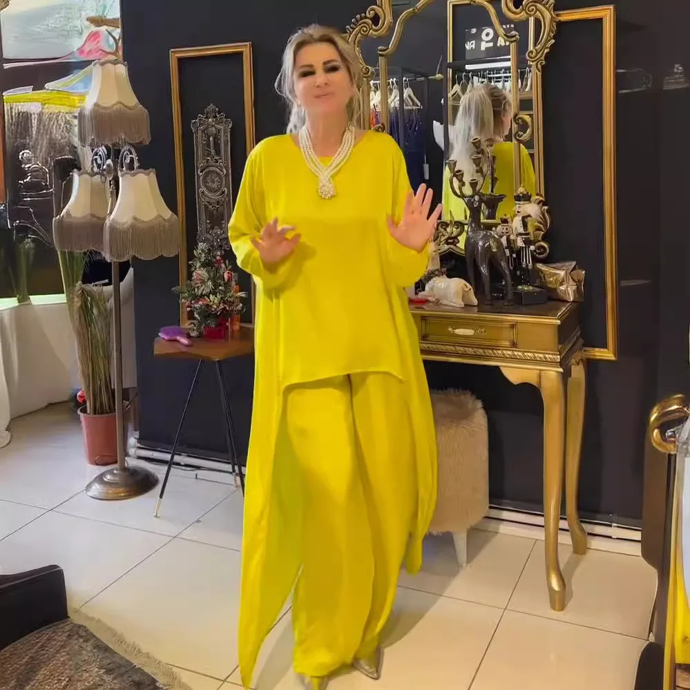 

Women 2-piece Wide-leg Trousers Solid Color Muslim Suit Ramadan Round Neck Long Sleeve Top Irregular Casual Trousers Arabic Suit