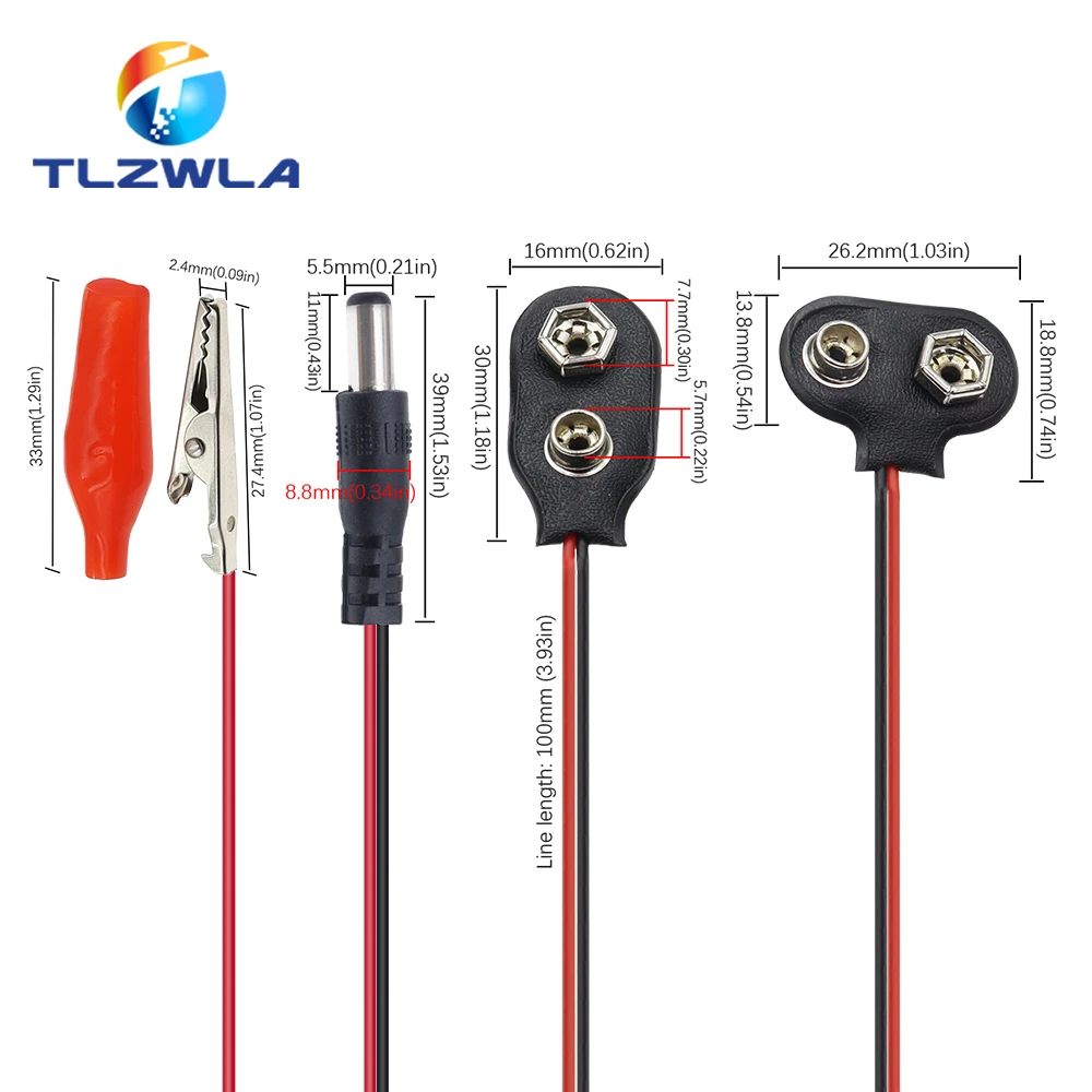 9V Battery Clips 15cm Black Red 2Wired Cable Connection Connector Buckle 9 Volt Battery Clip Connector Battery Holder