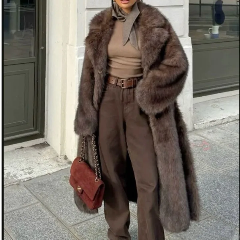 

2025 Women's Casual Lapel Faux Fur Long Coat Loose Solid Full Sleeve Furry Jackets Ladies Fashion Winter Warm Streetwear Coats
