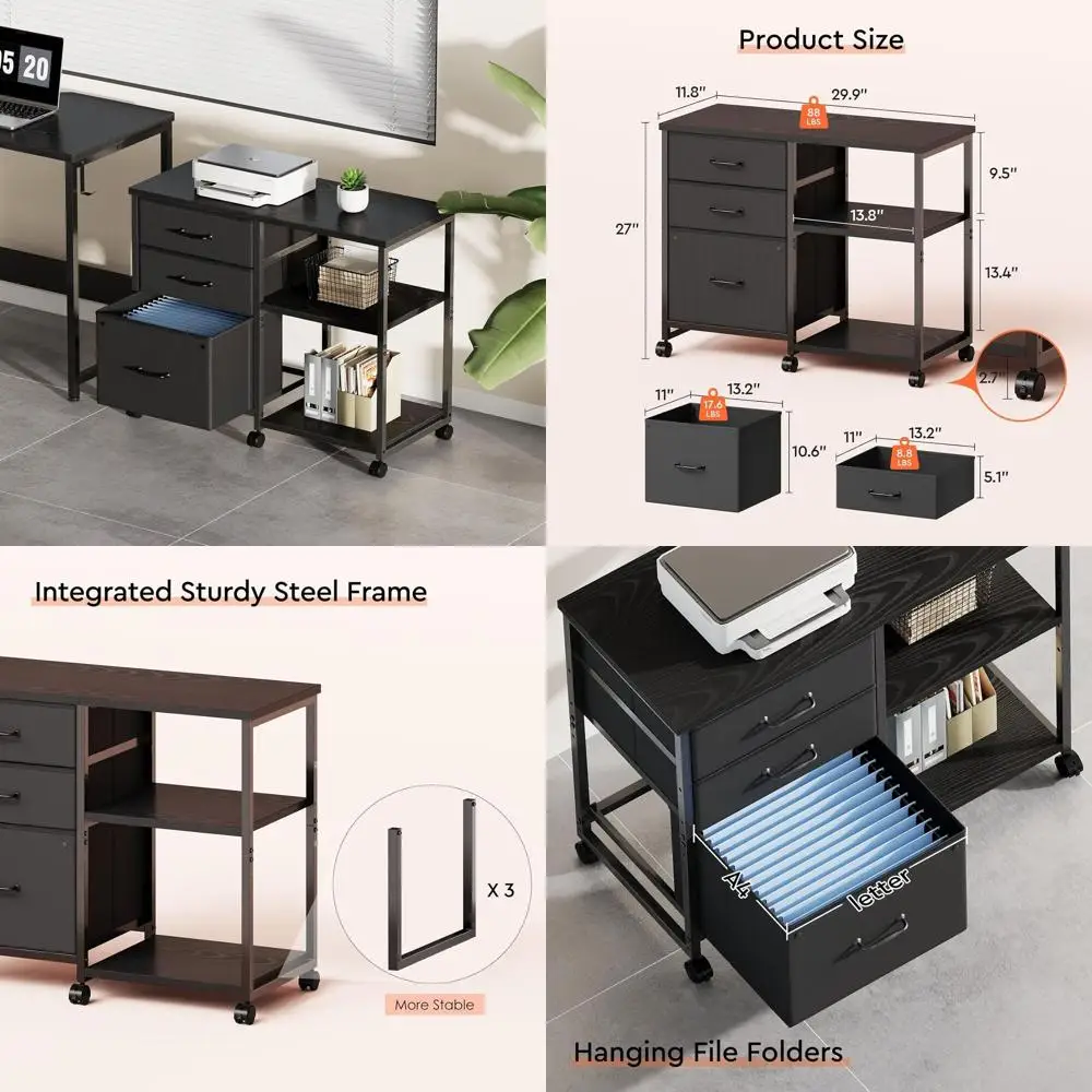 

Mobile Printer Stand with Storage Shelves for Home or Office, Black