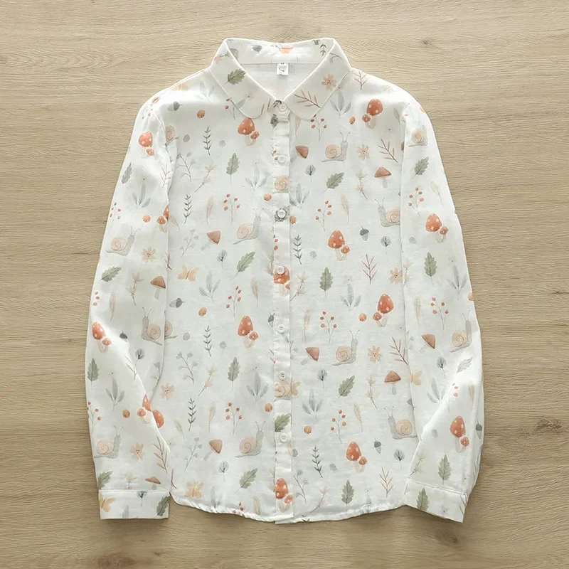 

Women's White Mushroom & Snail Print Button Down Shirt Long Sleeve Peter Pan Collar Casual Blouse For Daily Wear