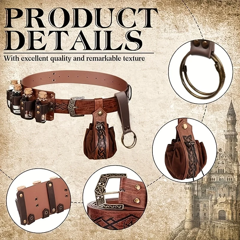 مجموعة حزام من الجلد الاصطناعي الفايكنج من القرون الوسطى مكونة من 5 قطع مع زجاجة جرعة، محفظة عملات معدنية عصرية محمولة على الطراز الاسكندنافي، ملحقات حقيبة خصر لتسلق الجبال، مناسبة لعيد الشكر وعيد الميلاد وعطلات الهالوين