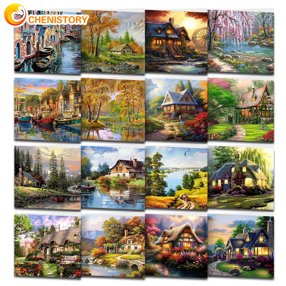 CHENISTORY DIY Painting By Numbers Landscape House Oil Picture Paint For Adults On Canvas Drawing Coloring By Number Home Decor