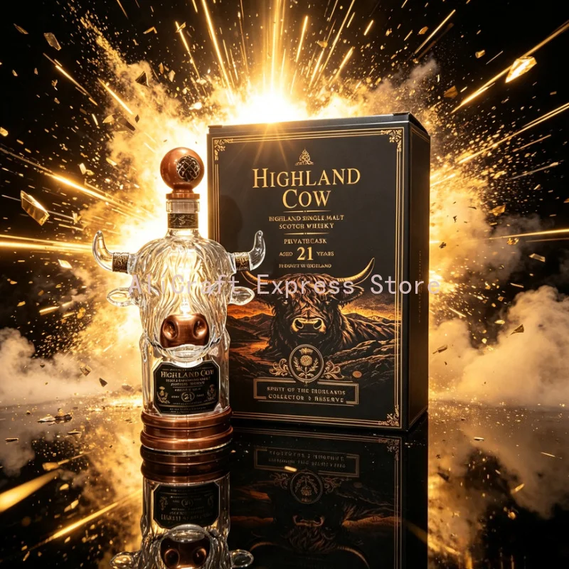 3D Highland Cow Crystal Whiskey Decanter with Gift Box, Decorative Bourbon Scotch Liquor Bottle, Collectible Home Barware