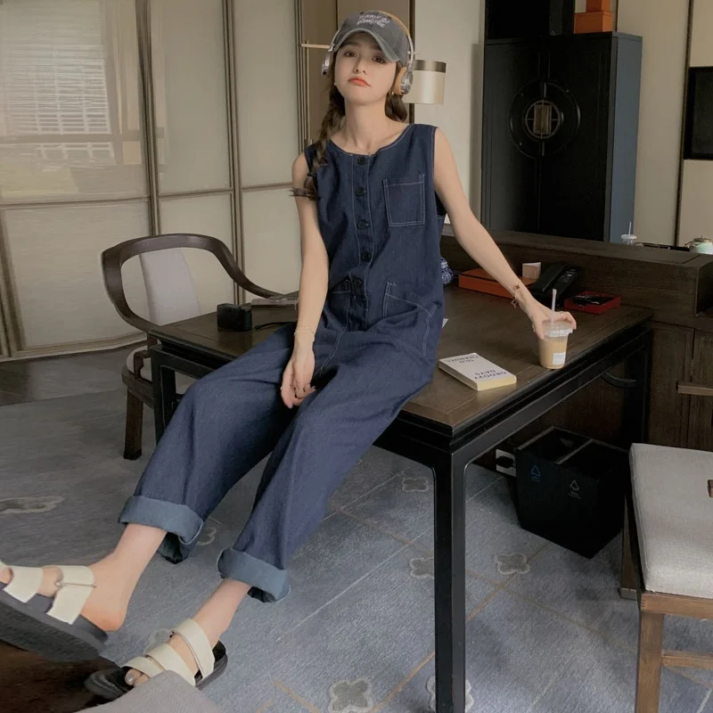 

High Waist Straight Leg Denim Jumpsuit Women's Summer Casual Wide Leg Pants Loose Fit Slimming Effect Sleeveless
