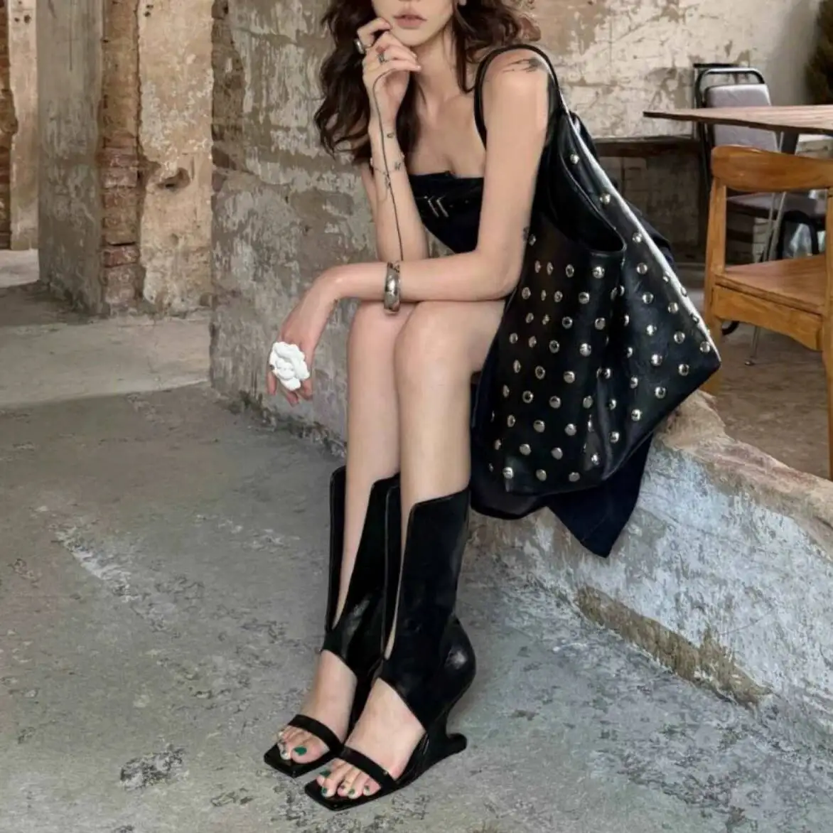 New Spring Fashion Women's Clip on High-heeled Sandals Black Hollow Out Comfortable Sexy Party Dance High-heeled Cool Boots