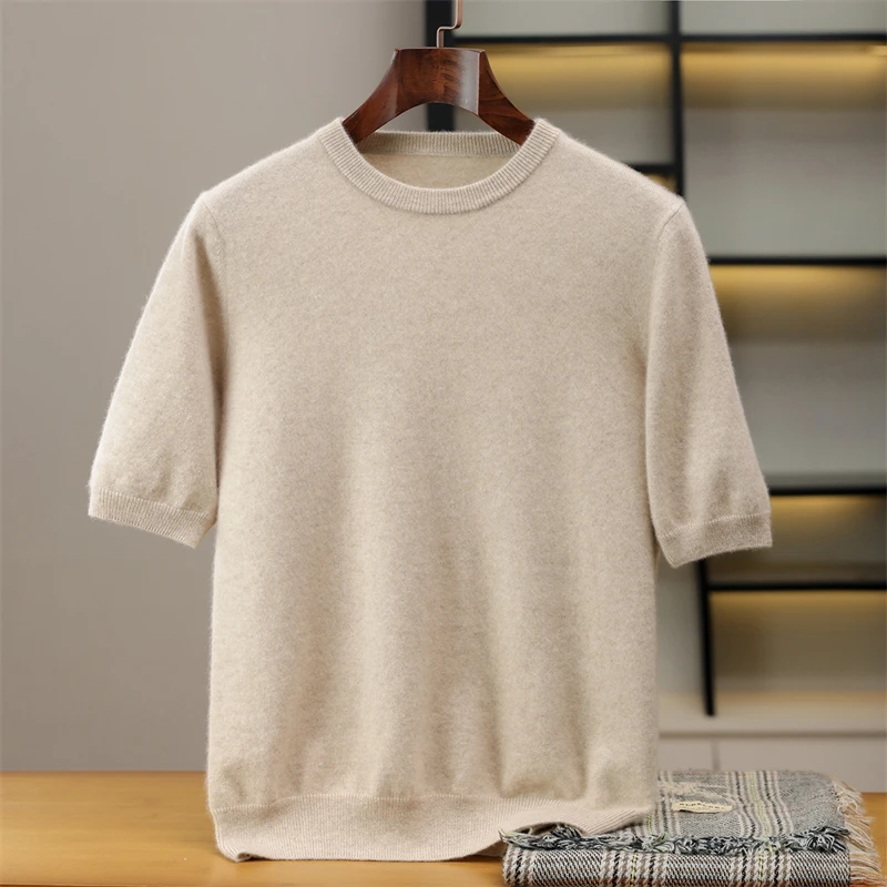 

Мужской свитер из 100% чистого кашемира с короткими рукавами, деловой повседневный однотонный вязаный пуловер, свободный теплый топ с круглым вырезом