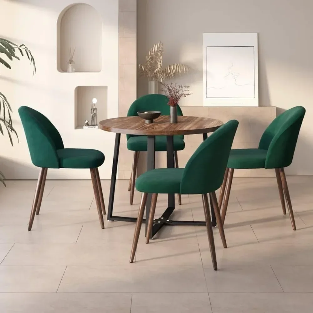 5-Pieces Modern 35'' Inch Round Wooden Dining Table Set for 4 Comfortable Velvet Chairs, Space Saving Kitchen Furniture