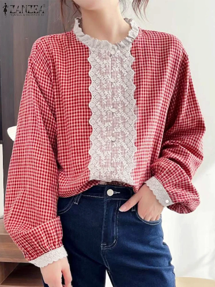 ZANZEA Women Harajuku Sweety Lady Tops Shirts 2025 Spring Lacing Splicing Chemise Casual Loose Long Sleeve Plaid Splicing Blusas