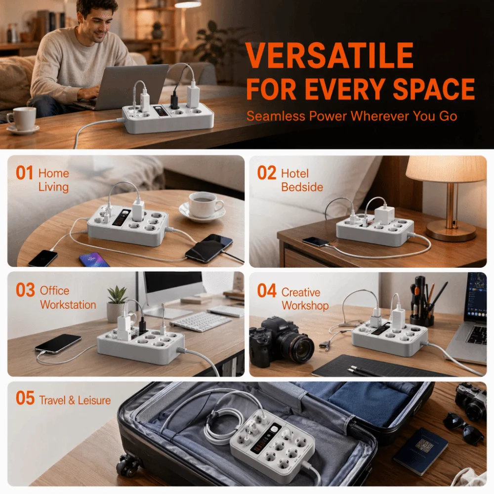 3000W EU Power Strip Copper Conductive Overload Protection USB Power Strip Dual USB Port Multi-function USB Socket