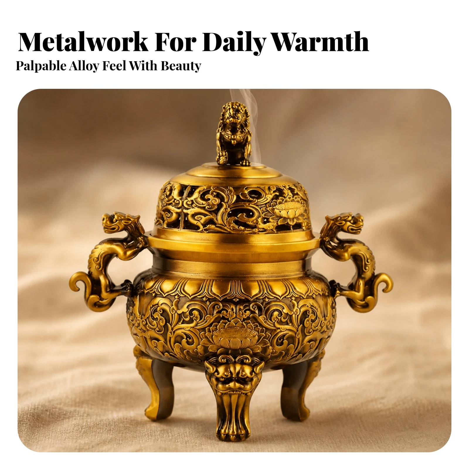 Copper Incense Burner with Lid Sculptural Incense Burner with Lion Finial Tripod Censer with Handles Vintage Stable