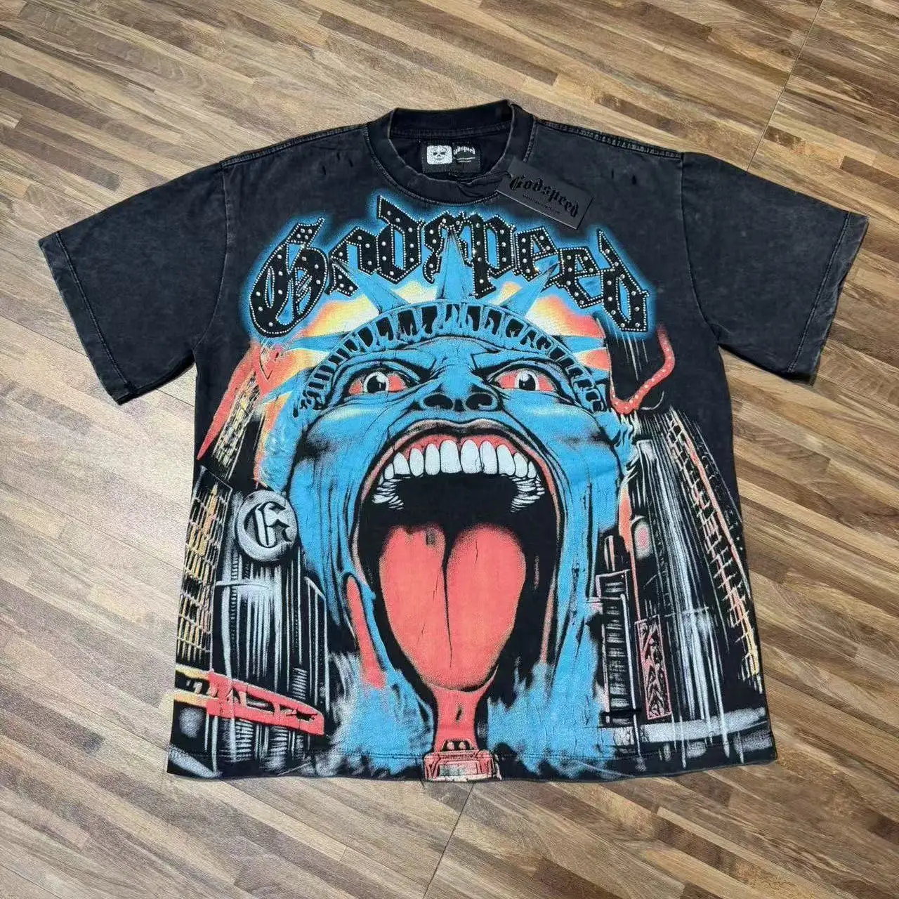 Godspeed Retro Monster Print Cotton Short Sleeve T-Shirt Vintage Washed Hole Drill High Street Style for Youth Unisex T-Shirt
