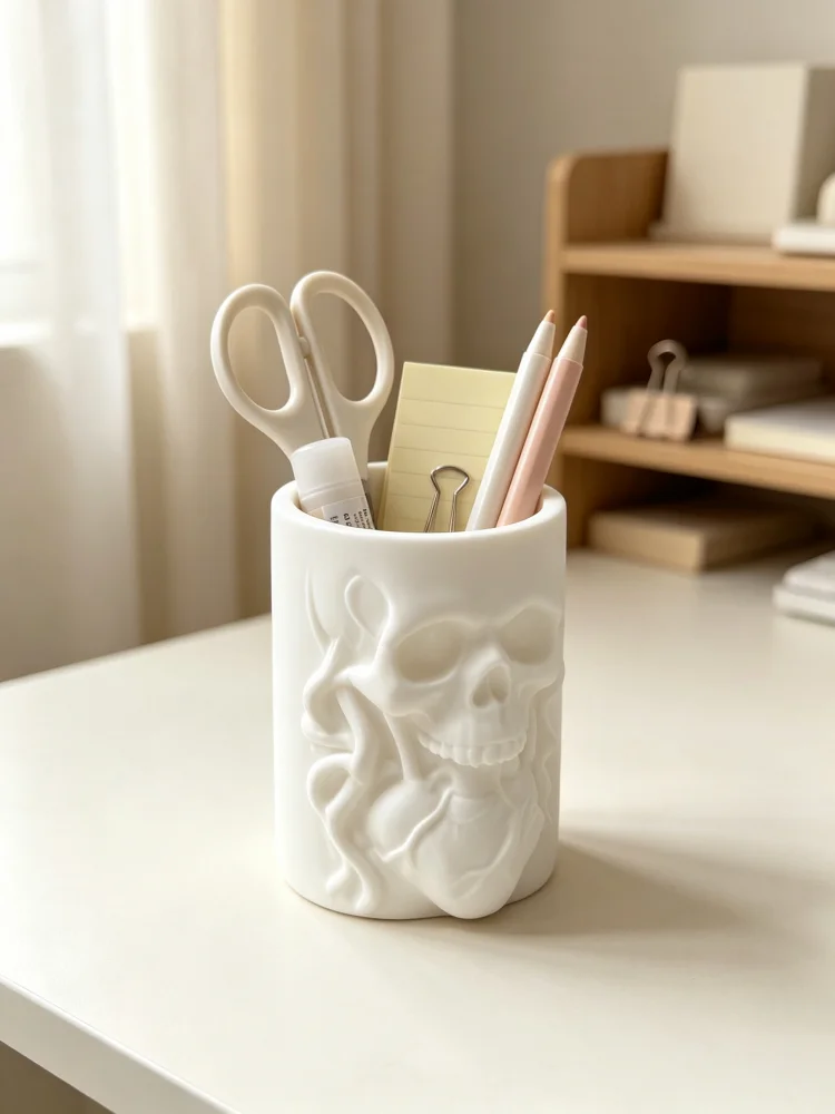 Gothic-Style Decorative Skull Heart Relief Pen Holder, Horror Skull Skeleton Anatomical Heart Relief Pencil Holder, Petg Matte White Hard Plastic Desktop Pen Cup, Desktop Pen Storage Box, Desktop Organizer, Office Supplies, Home Office Study Desk Storage, Can Hold Fountain Pens, Pencils, Markers, Scissors, Small Stationery Items, Quirky and Cool Desktop Decoration, Unique and Novel Halloween Decoration, Office Gift