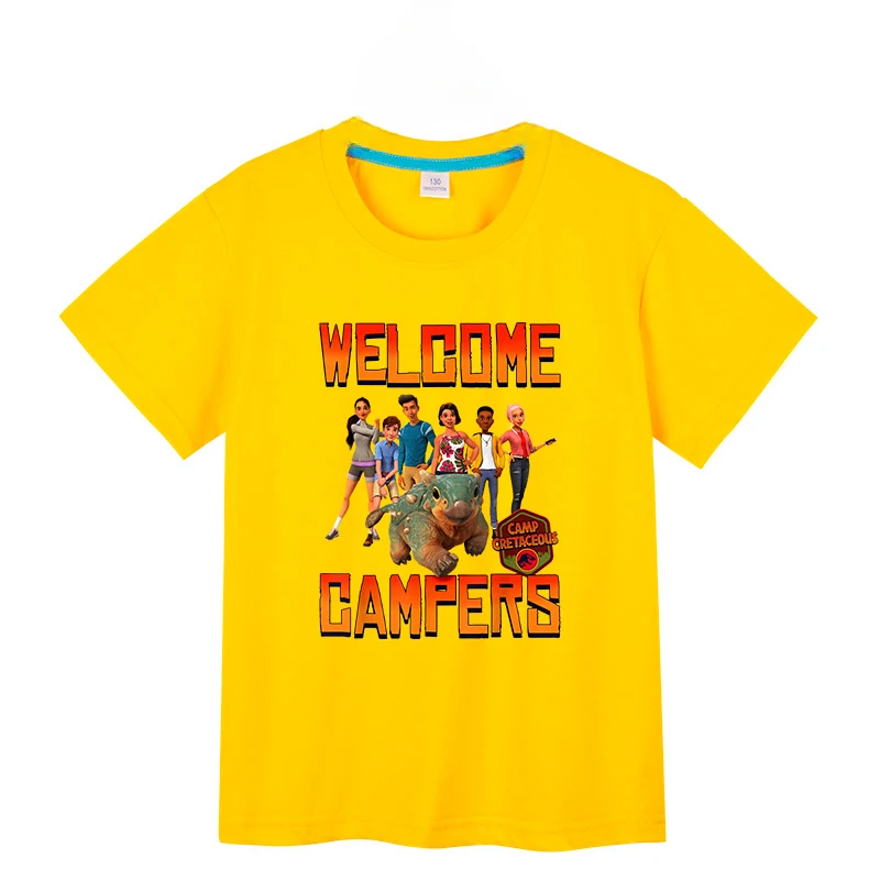 Camiseta de algodón para niños y niñas, camisa de manga corta con diseño de Jurassic World Camp Cretaceous Welcome Campers Group, Verano