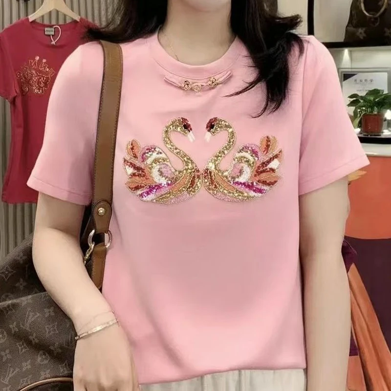 

Women Clothing Summer Fashion Vintage Sequins Embroidery Chic Basic T Shirt Summer Casual O Neck Short Sleeve Loose Cotton Tops