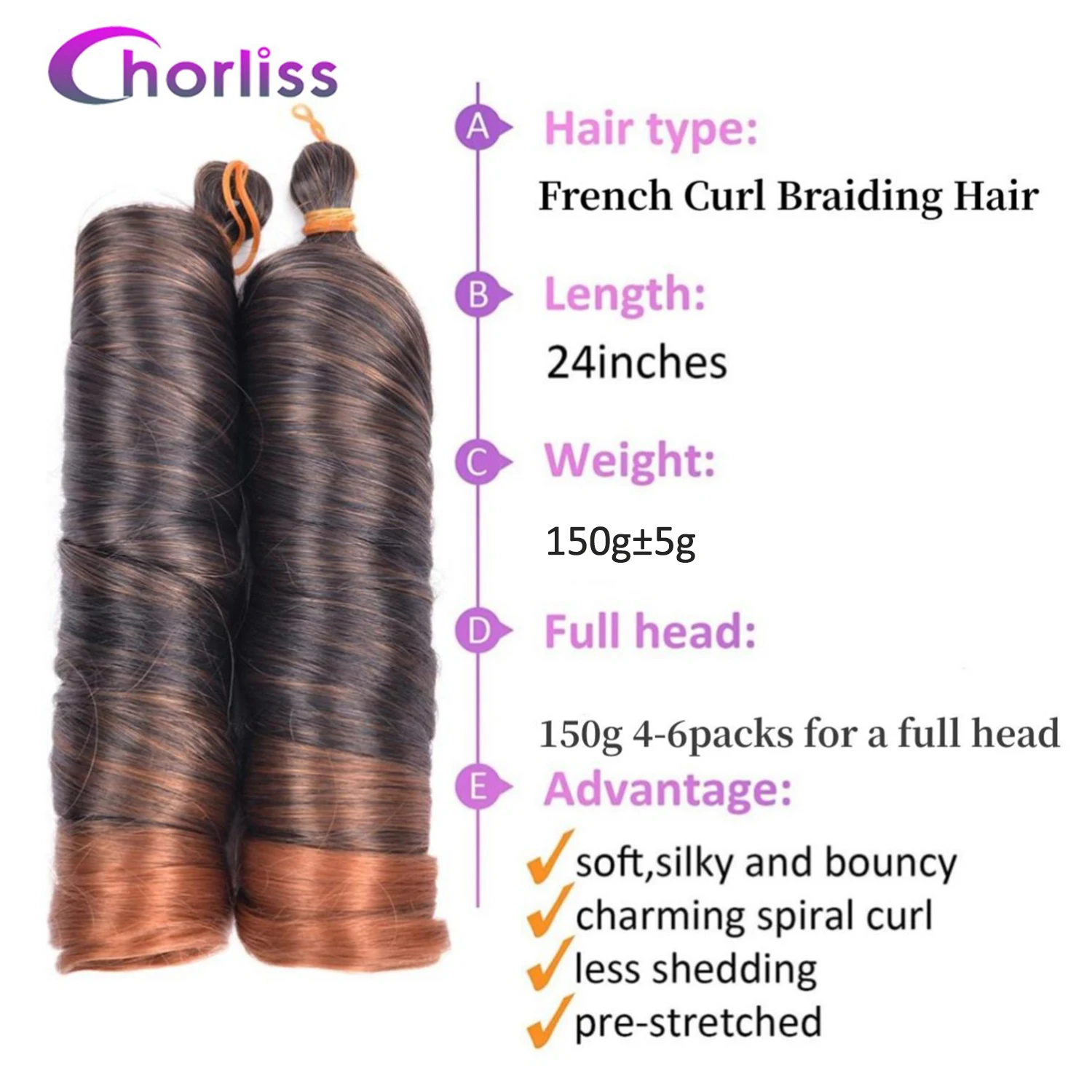 Spiral Curls Braiding Hair 24Inch Synthetic French Curls Crochet Braids Hair Extensions Pre Stretched Loose Wave Bouncy Hair