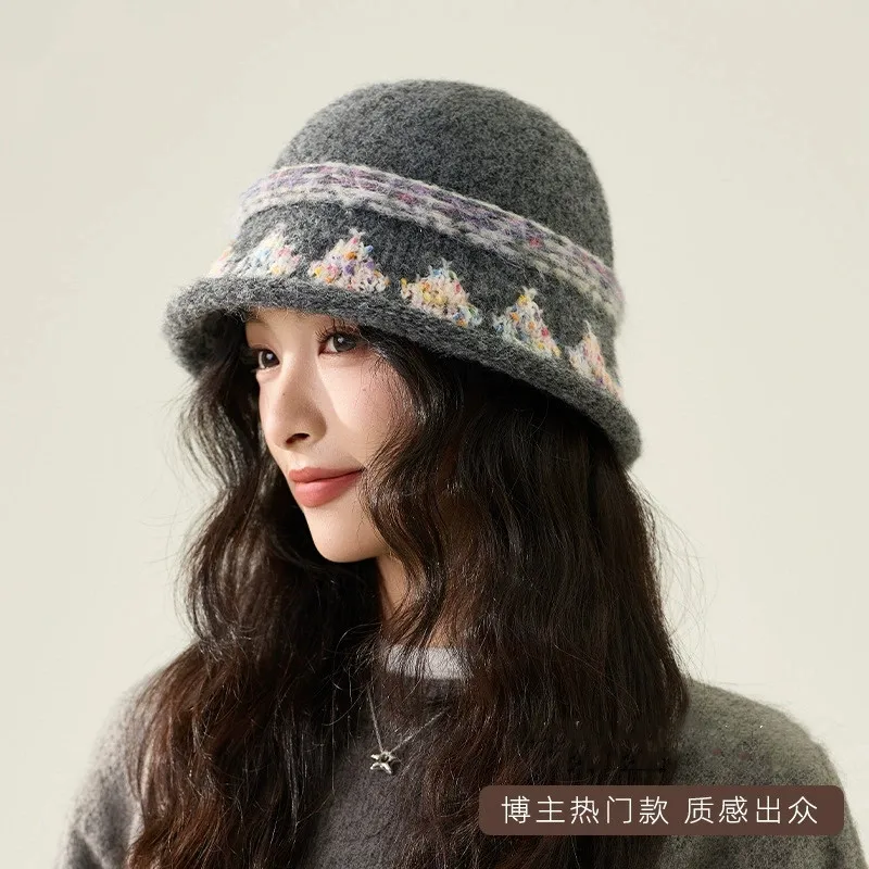 Korean Fisherman Hat for Women Autumn/Winter Retro Colorful Jacquard Knitted Niche High‑end Warm Bucket Hats