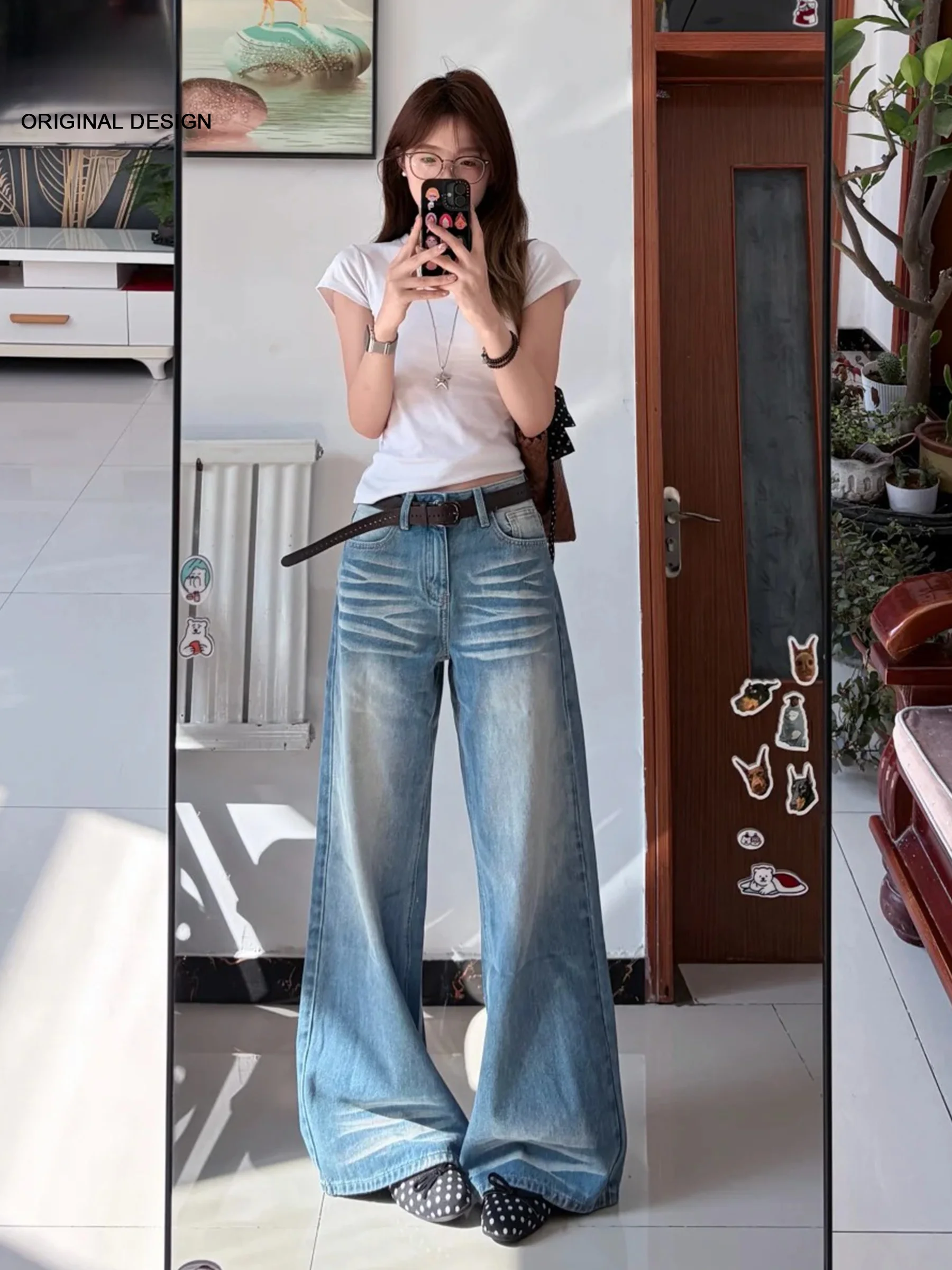 

Blue Faded Wash Wide Leg Denim Jeans Women's Loose Slimming Floor-Length Casual High Waist Pocket Detail Spring Summer New