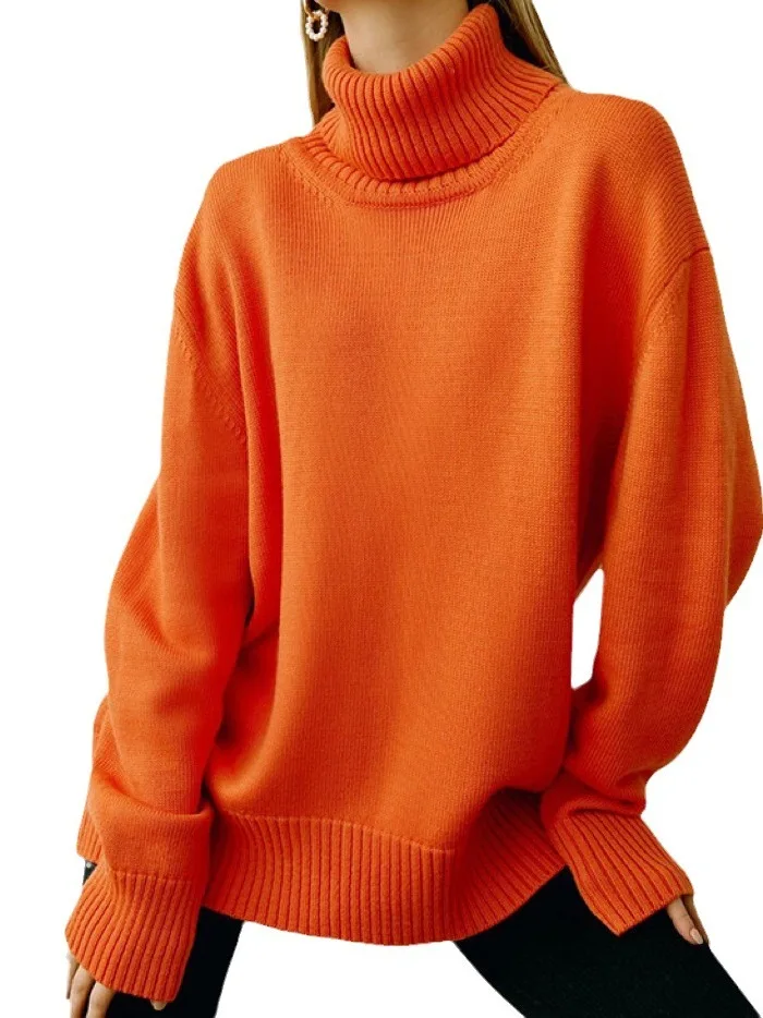 เสื้อสเวตเตอร์ถักไหมพรมสีพื้นทรงหลวม แขนยาว ผ้าโพลีเอสเตอร์ ความยาวปกติ สไตล์สตรีท