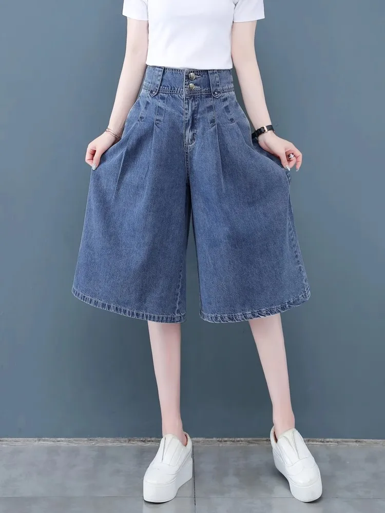 

High Waist Soft Denim Wide Leg Pants Women Summer Thin Loose orts Six-Foot Pants Deep And Light Colors Jeans Fabric
