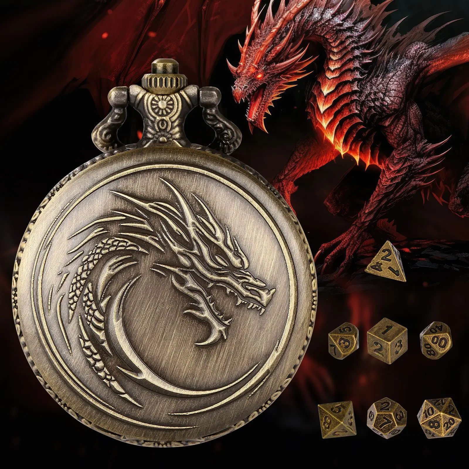 Dragon DND Dice Jewelry Case Pocket Watch DND Dice Case Retro Flip Curved Dragon Head Pattern Pocket Watch Box DND Games Dice