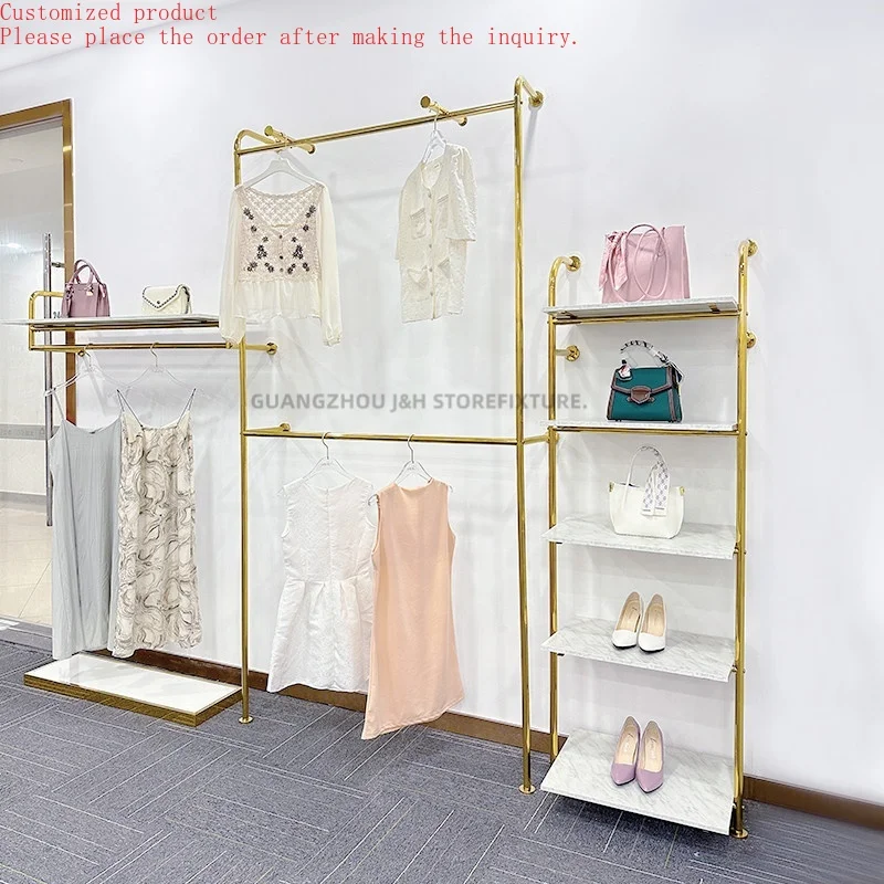 

Stainless Steel Wall Mounted Clothes Rack Custom Shiny Gold Hanging Display Rack for Clothing Store Retail