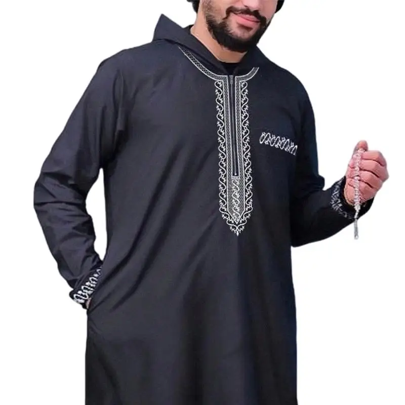 Long Sleeve Casual Abaya Muslims Dress Moroccan Ramadans Gown Shirt for Men Gift