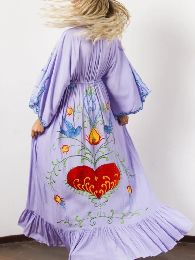 Floral Embroidered Women Maxi Dress Oversize V-Neck Batwing Sleeve Summer Dresses Drawstring Waist Boho Beach Vestidos 2025