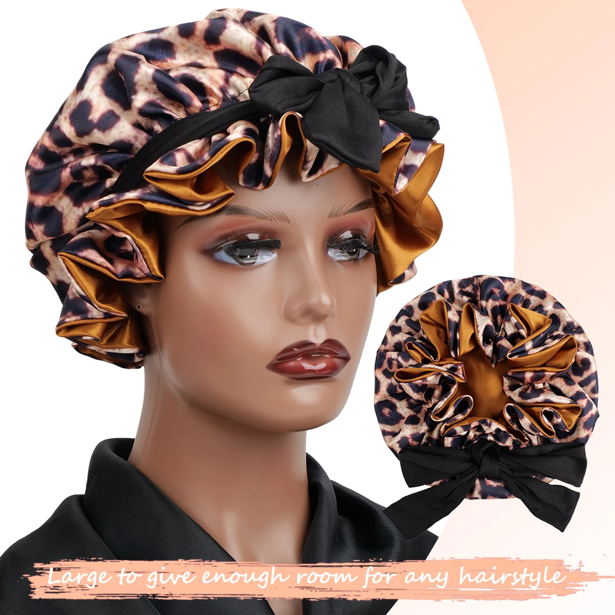 

Lush Leopard Print Satin Sleep Cap with Tie Soft Comfortable Night Hat Unisex Fashionable Design Hairband for Sleep