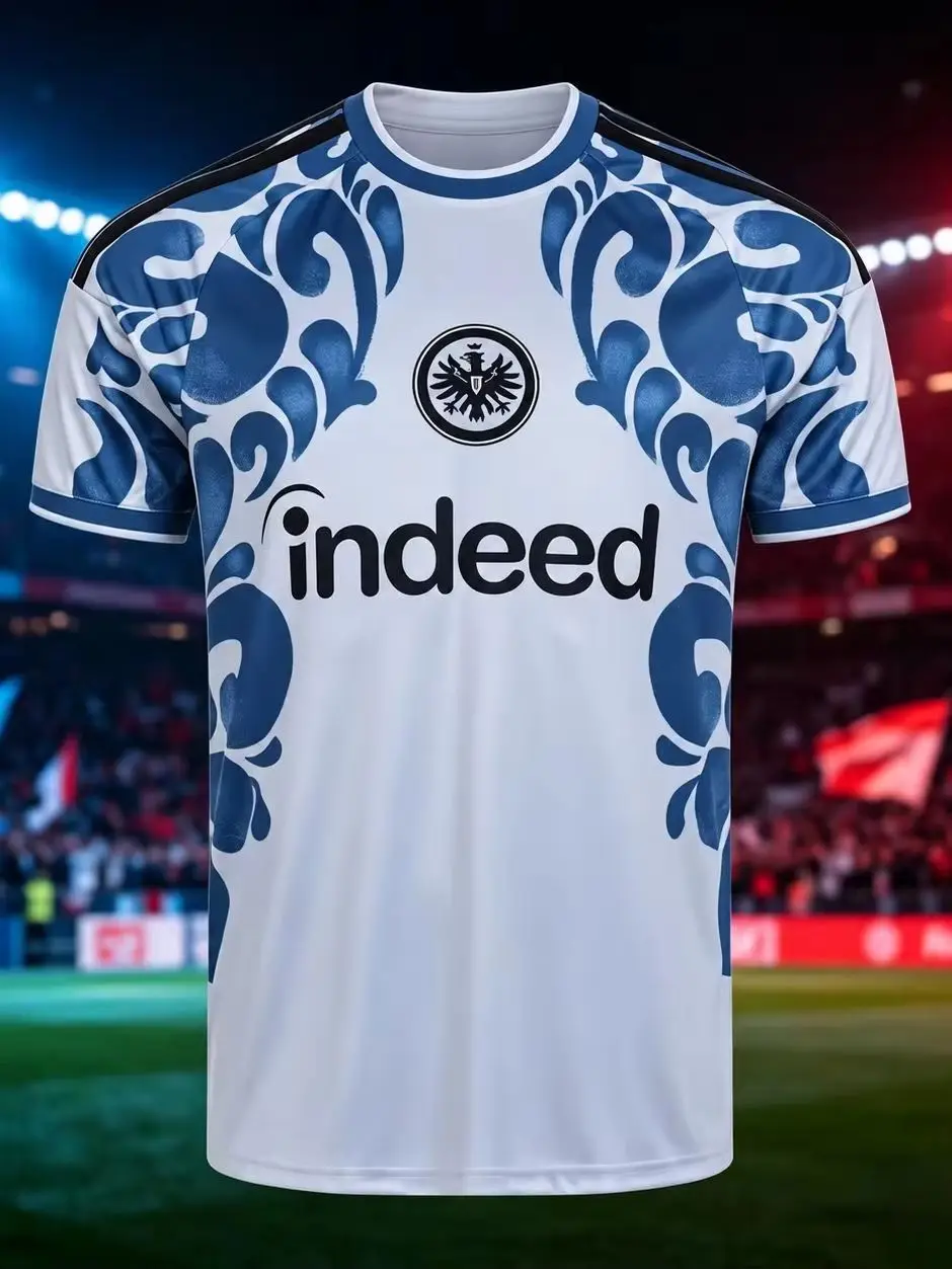 26-27 Saison Eintracht Frankfurt Fußballtrikot, Weißes Blaues Blumenmuster Kurzarm-Fußballshirt, Herren Schnelltrocknend Atmungsaktiv